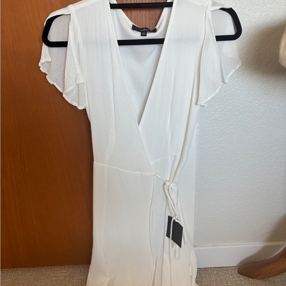 Lulu's white Wrap Midi Dress with Flutter Sleeves